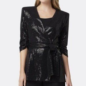 NWT Women Tahari Black Sequin Collarless Wrap Jacket with belt; Size Large